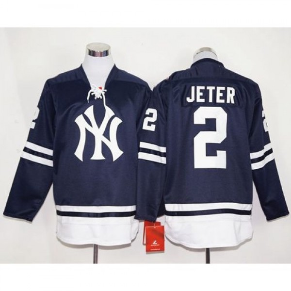 New York Yankees #2 Derek Jeter Navy Blue Long Sle...